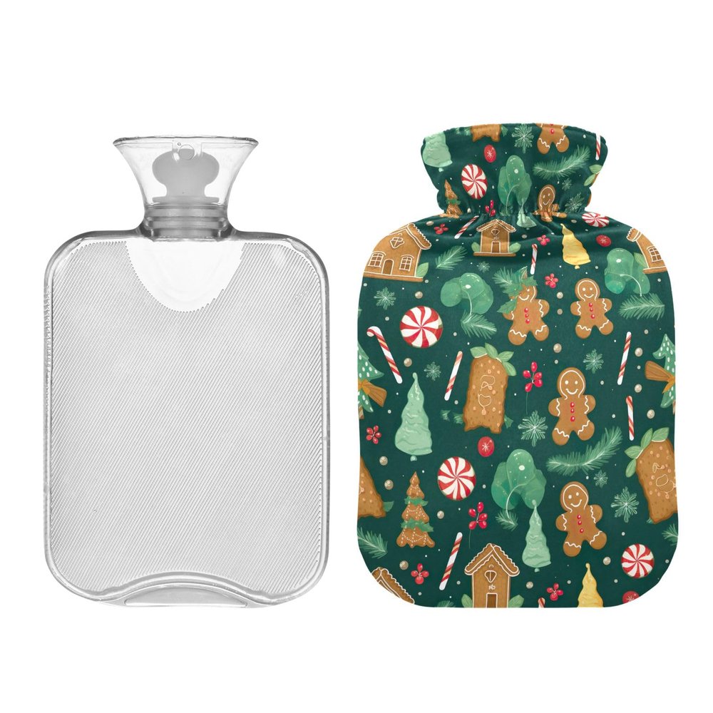 Hot Water Bottle with Cute Cover, 2L Durable Hot Water Bag for Tummy Cramps Neck and Shoulder Waist Pain Relief, Hot and Cold Therapy, Christmas Gingerbread Cookies Candies