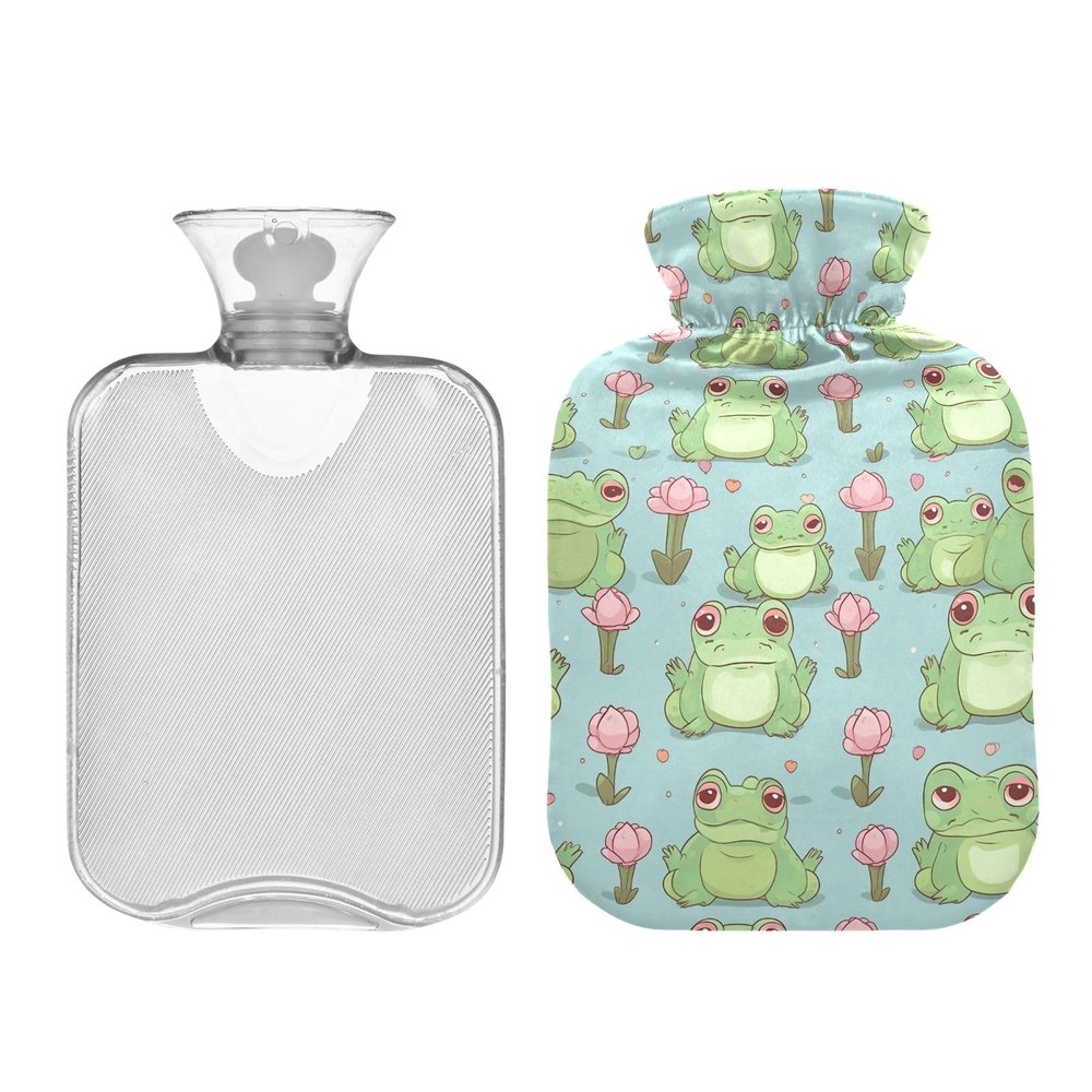 1L Large Hot Water Bottle Bag with Cover, Funny Frogs Pink Flowers Hot Water Bag for Hand Feet Warmers, Menstrual Cramps, Neck and Shoulder Pain Relief