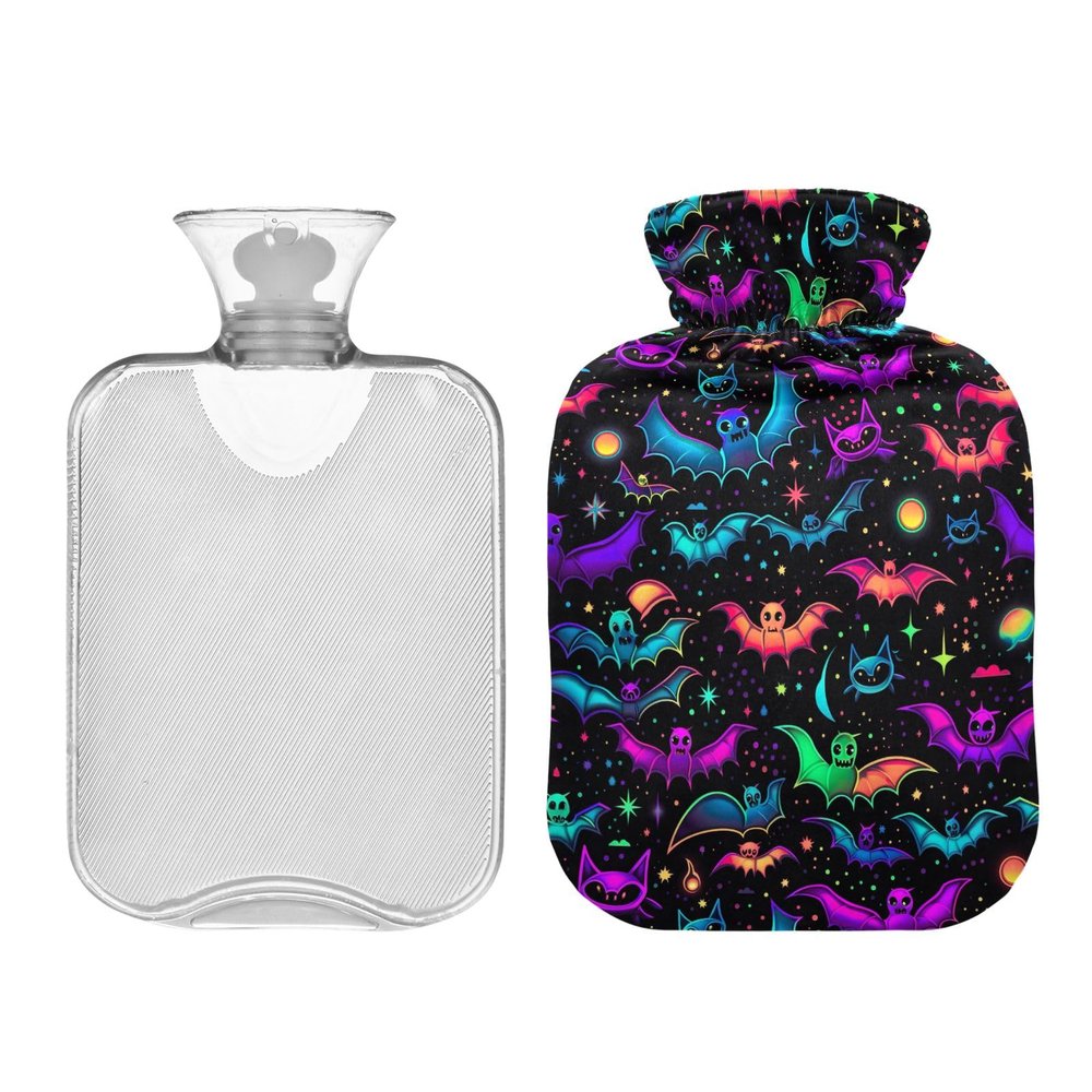 1L Large Hot Water Bottle Bag with Cover, Colorful Neon Galaxy Bats Hot Water Bag for Hot and Cold Compress, Neck, Shoulders and Legs Pain Relief, Menstrual Cramps