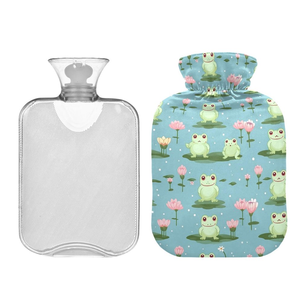1L Large Hot Water Bottle with Cute Cover, Cute Frogs Pink Lotus Durable Hot Water Bag for Hand Feet Bed Warmer, Menstrual Cramps, Neck, Shoulder, Back Pain Relief