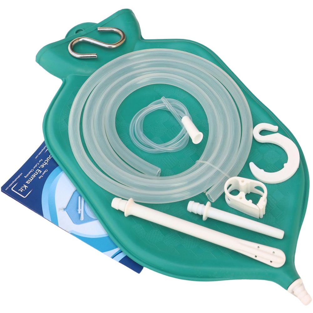 Rubber Enema Bag Kit 2 Quarts Open Top  (Green) Reusable Enema Bag with Platinum Cured Silicone Hose & Colon Tips for Colon Cleansing, Detox, Constipation Relief & Personal Hygiene
