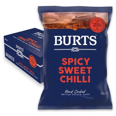 Burts Spicy Sweet Chilli Hand Cooked Burts Crisps - 20 x 40 g Multipack Box - Vegan and Vegetarian Friendly, Gluten Free, Hydrogenated Fat Free, Non-GMO - Spicy Sweet Chilli Burts Potato Chips