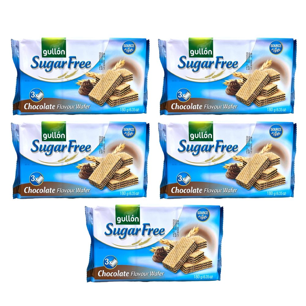 Gullon Sugar Free Chocolate Wafer 180g | Not A Reduced calorie Food | Kid Friendly Snack | Product From Spain | Healthy Twist To A Classical Taste (Sugar Free Chocolate Wafers 180g, 5 Pack)
