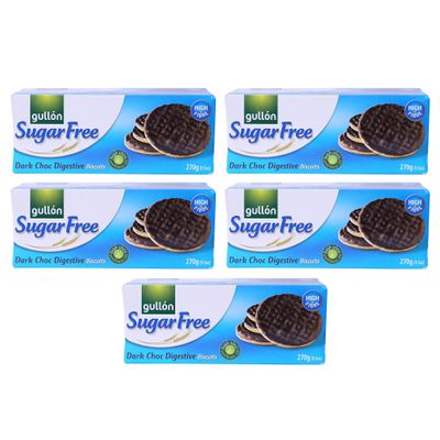 Gullon Sugar Free Dark Choc Digestive Biscuits 270g | High In Fibre | Chocolate Flavour | Promotes Healthy Digestion | Zero Trans Fat | Delicious Snack (Dark Choc Digestive 270g, 5 Pack)