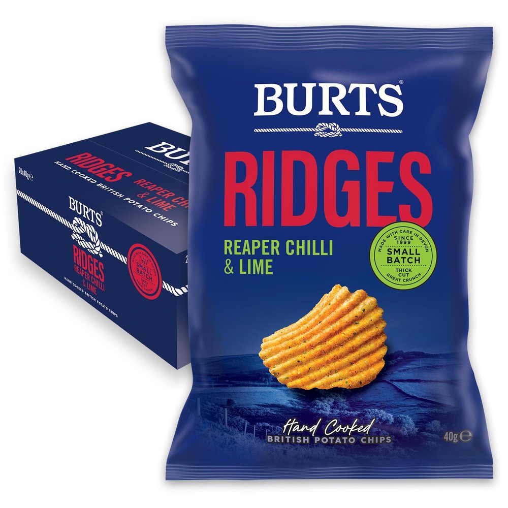 Burts Ridges Reaper Chilli & Lime Hand Cooked Burts Crisps - 20 x 40 g Multipack Box - Vegan and Vegetarian Friendly, Gluten Free, Hydrogenated Fat Free, Non-GMO - Burts Ridges Potato Chips