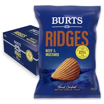 Burts Ridges Beef & Mustard Hand Cooked Burts Crisps - 20 x 40 g Multipack Box - Gluten Free, Hydrogenated Fat Free, Non-GMO - Beef and Mustard Ridges Burts Potato Chips