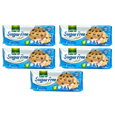 Gullon Sugar Free Choco Chip Biscuits 125g | Source of Fibre | Product From Spain | Chocolate Chip Biscuits (Sugar Free Chip Choco 125g, 5 Pack)