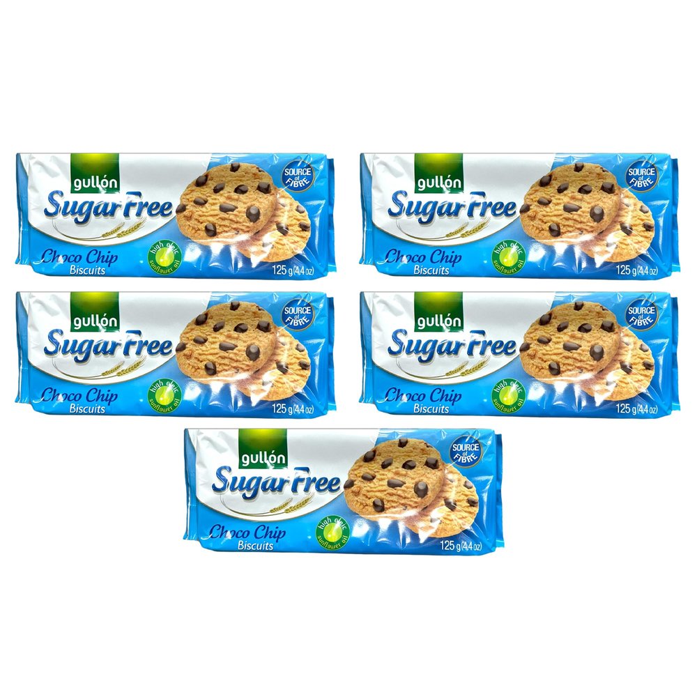 Gullon Sugar Free Choco Chip Biscuits 125g | Source of Fibre | Product From Spain | Chocolate Chip Biscuits (Sugar Free Chip Choco 125g, 5 Pack)