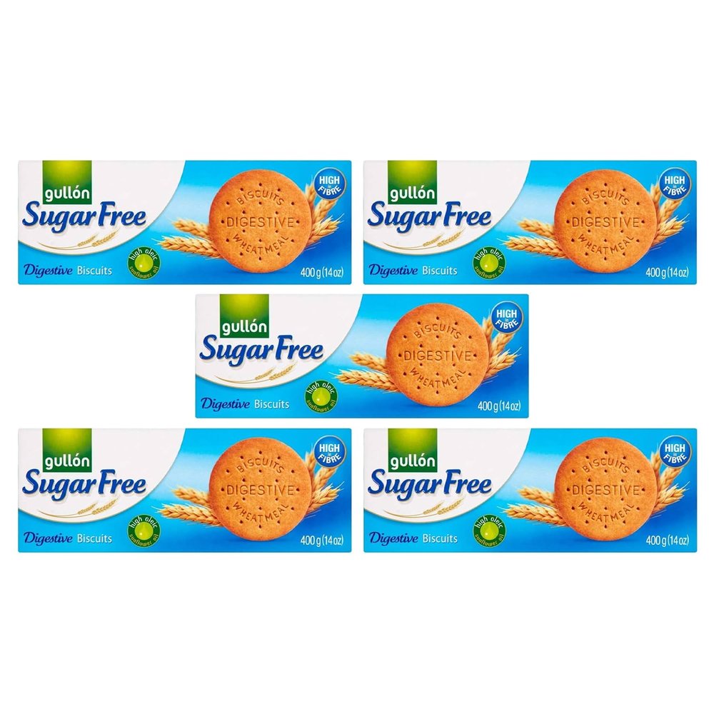 Gullon Sugar Free Digestive Biscuits 400g | Whole Grain Wheat Meal | Healthy and Delicious Breakfast Snack Biscuits | Product From Spain | High in Fiber (Original Digestives 400g, 5 Pack)