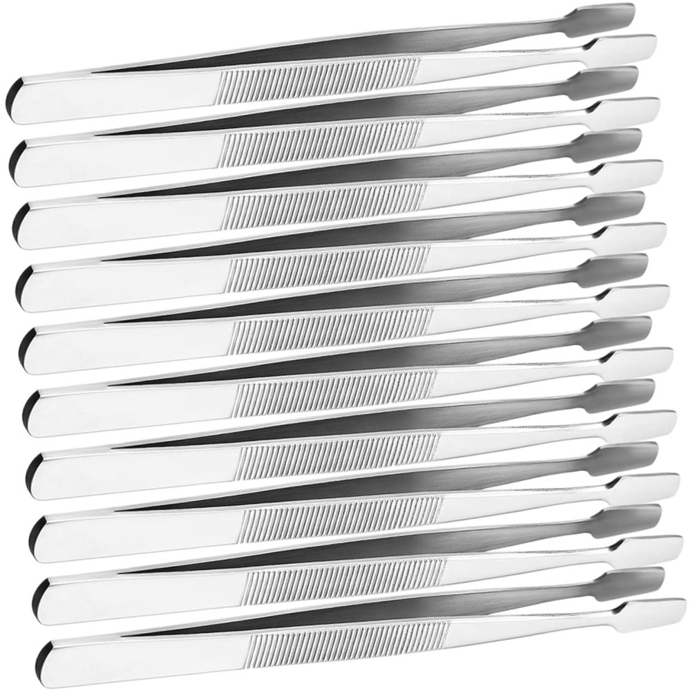 KONTONTY Stainless Steel Eyelash Tweezers 10Pcs Flat Head Precision Tool for Stamp Photo Collecting Comfortable to Hold and Wear Resistant Cosmetic Accessory