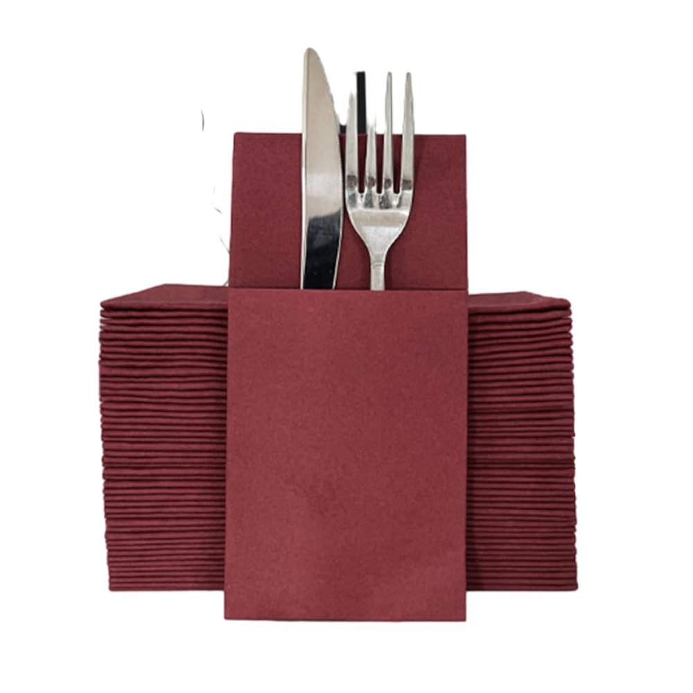 Mudhen 50 Packs Disposable Linen-Feel Dinner Napkins with Built-in Flatware Pocket, Printed Prefolded Cloth Like Paper Napkins for Wedding, Dinner or Party (Red)
