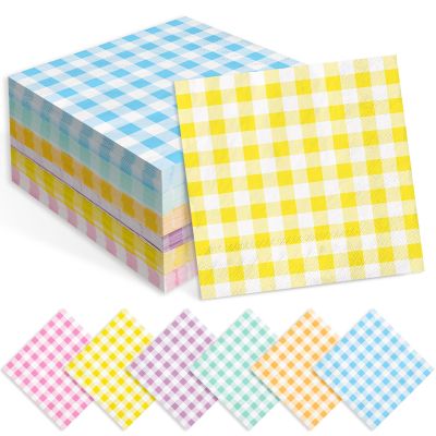 Whaline 120pcs Pastel Gingham Cocktail Napkins - 6 Colors - Disposable Paper Napkins for Parties & Dinners