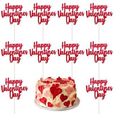 10PCS Happy Valentines Day Cake Toppers Glitter Valentines Heart Cupcake Toppers for Valentines Day Birthday Wedding Anniversary Engagement Party Cake Decoration Supplies Red
