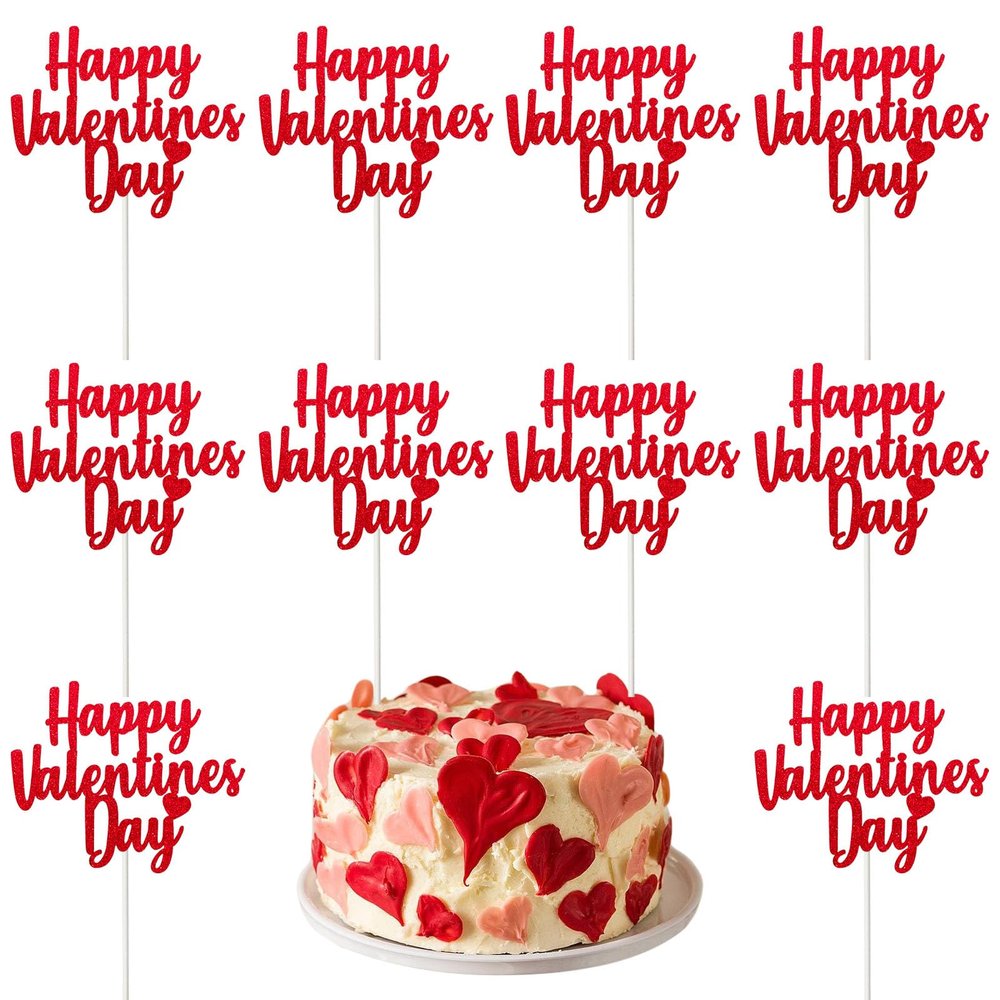 10PCS Happy Valentines Day Cake Toppers Glitter Valentines Heart Cupcake Toppers for Valentines Day Birthday Wedding Anniversary Engagement Party Cake Decoration Supplies Red