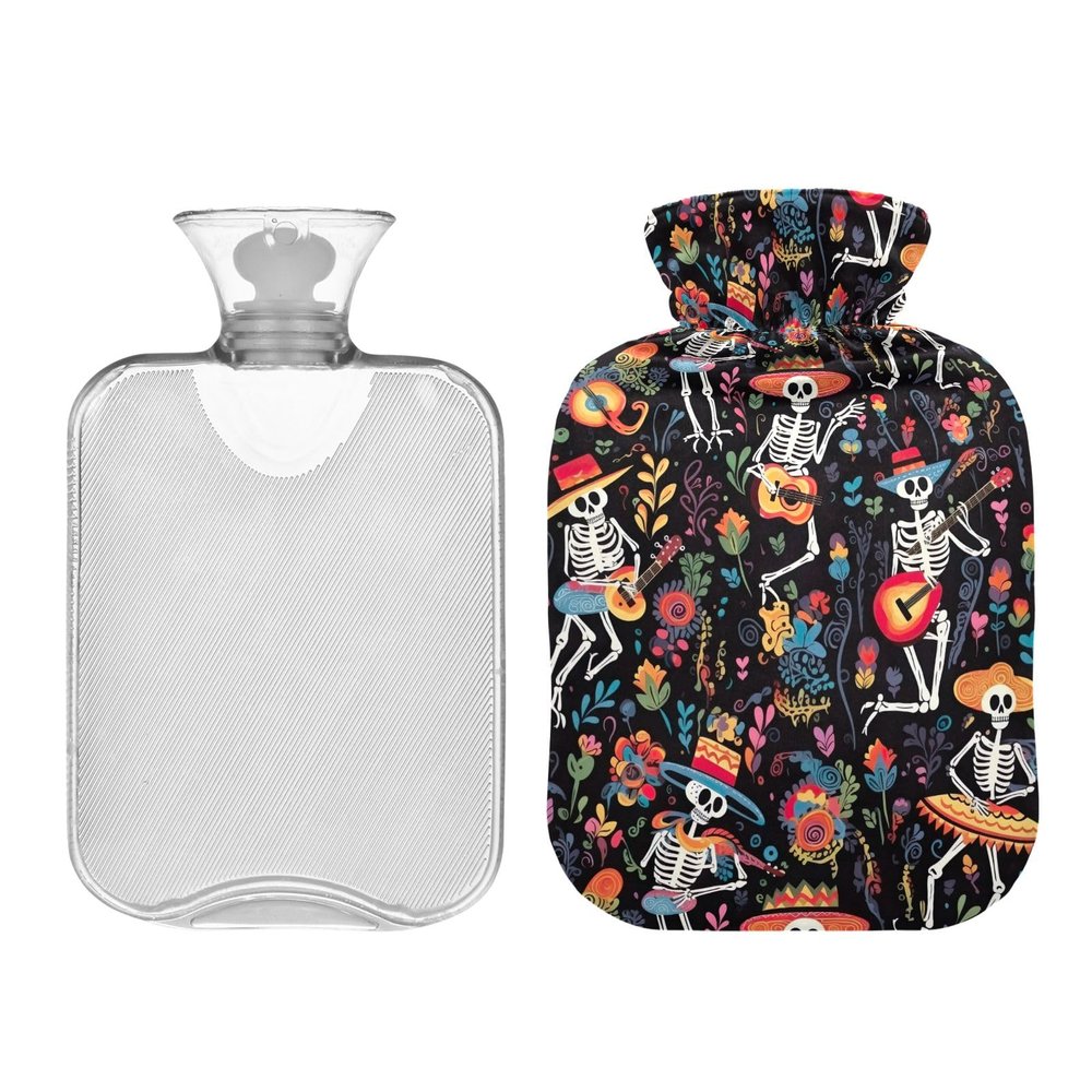1L Large Hot Water Bottle Bag with Cover, Funny Skeletons Reusable Hot Water Bag for Hot and Cold Therapy, Menstrual Cramps, Neck, Shoulder, Back Pain Relief