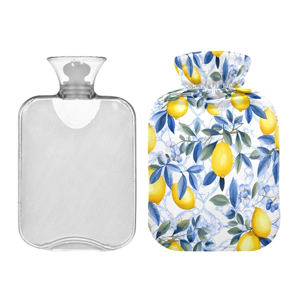 1L Large Hot Water Bottle with Cute Cover, Watercolor Lemons Hot Water Bag for Hand Feet Hot Therapy, Neck, Shoulders and Legs Pain Relief, Menstrual Cramps