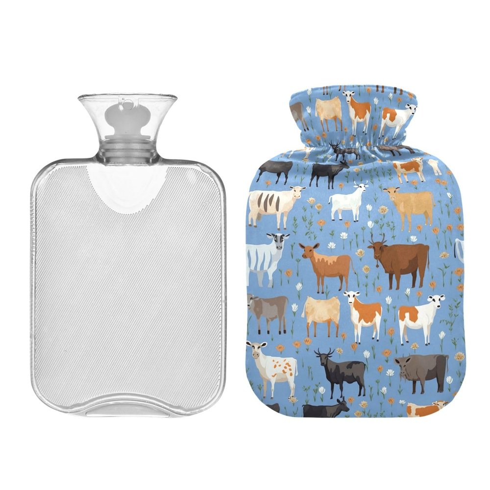 1L Large Hot Water Bottle Bag with Cover, Colorful Flowers Farm Animals Cows Hot Water Bag for Hand Feet Warmers, Menstrual Cramps, Neck and Shoulder Pain Relief