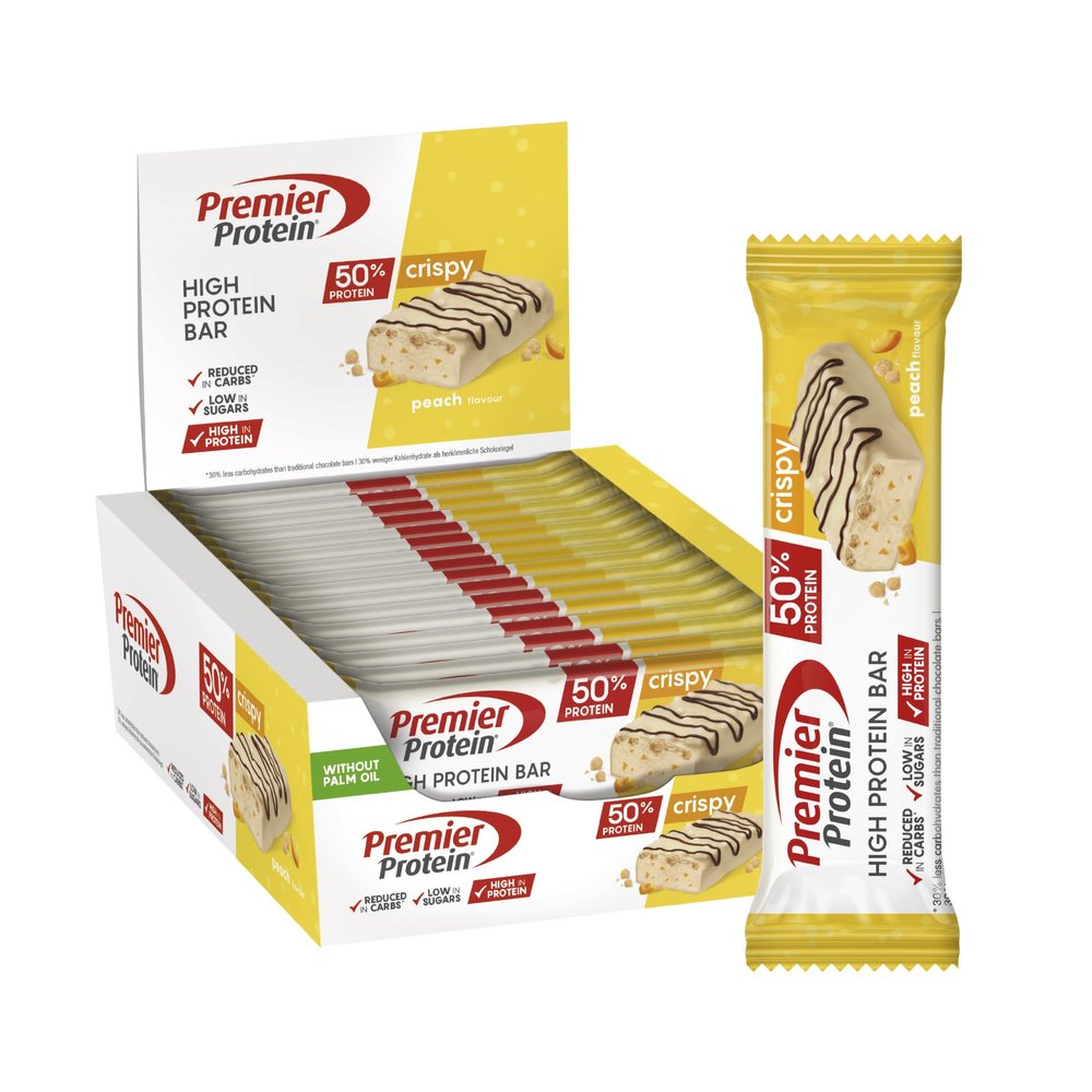 Premier Protein - High Protein Bar 50%+Crispy - Peach - 16x40g - Low Sugar - Low Carb - palmlfrei