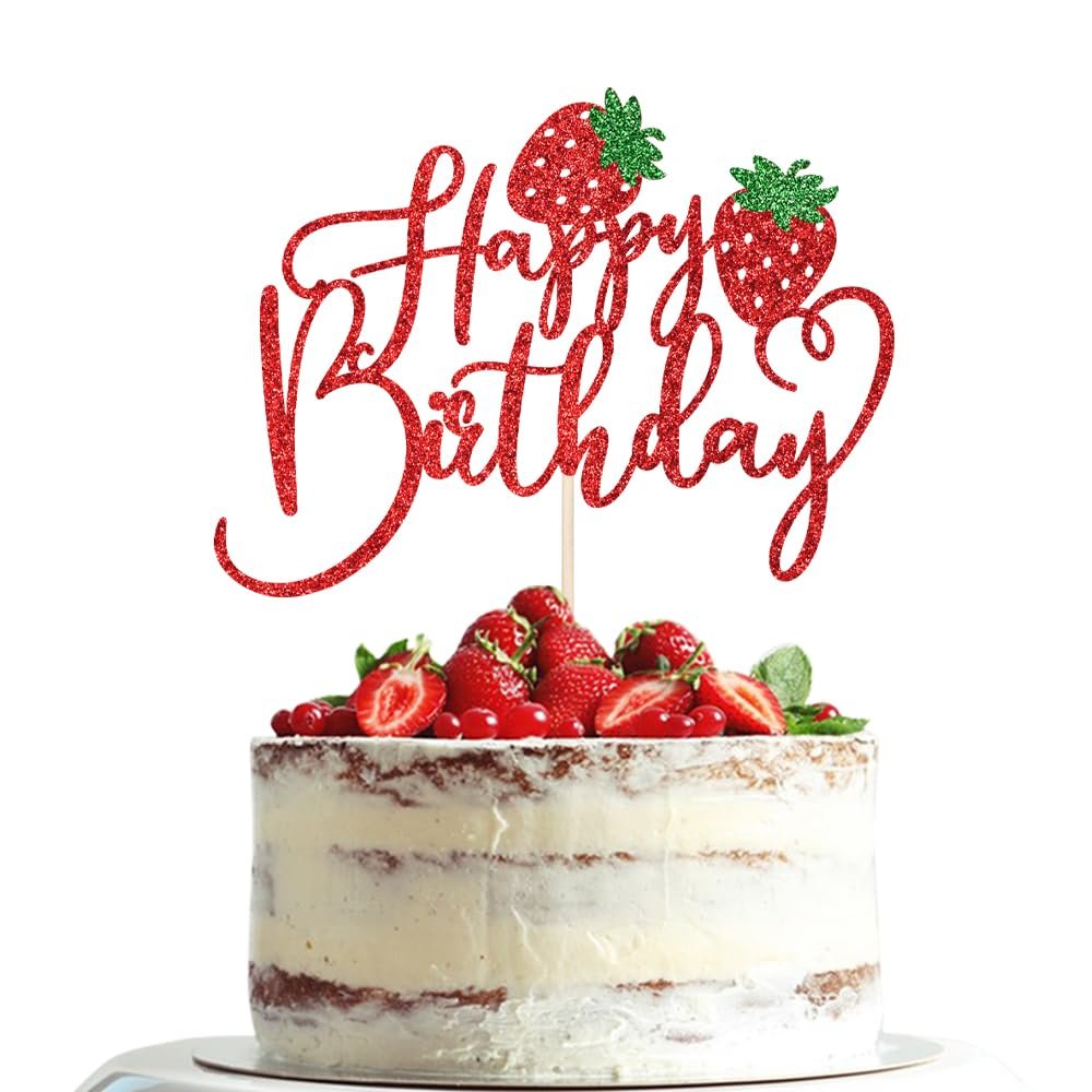 Dxsdgetue Happy Birthday Cake Topper Glitter Strawberry Cake Pick for Fruit Theme Baby Shower Birthday Party Strawberry Fruit Party Cake Decorations