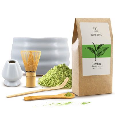 Traditional matcha tea set | Japanese matcha tea Mary Rose | Matcha tea accessories: chawan, kusenaoshi, chasen, chashaku | 100g