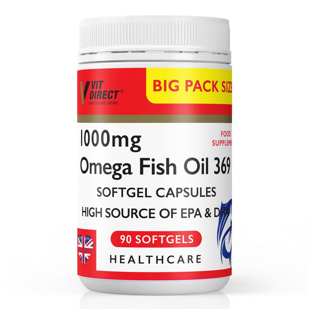 Vit Direct - Omega Fish Oil 369-90 Soft Gel Capsules - 1000mg - High Source of EPA & DHA - Daily Supplement - Fish Oil Omega 3 - Improve Endurance - for General Health & Wellbeing