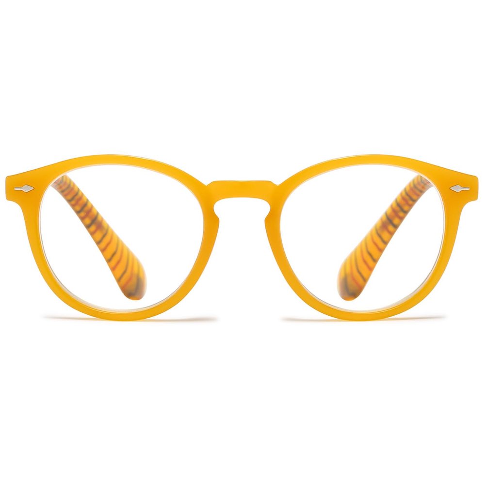 ABETOS Retro Blue Light Blocking Reading Glasses Round Frame Computer Eyeglasses Lightweight Fashion Clear Lens Readers Glasses with Spring Hinges for Men Women, Fruit Yellow 1.5