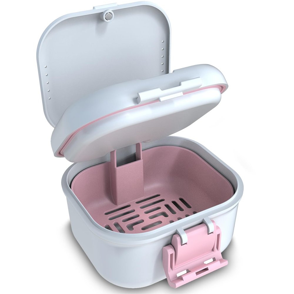 BVN 3-Layer Leak-Proof Denture Case with Strainer Basket,3-in-1 Airtight Soaking & Storage Box for Overnight Cleaning,Heavy-Duty Portable Cleaning Cup for Retainers,Clear Aligners & Mouth Guards