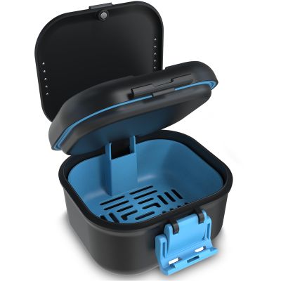 BVN Leakproof Denture Cup, Upgraded Carrying Storage, Denture Cup for Soaking Dentures,Denture Bath Box with Filter, Travel Retainer Cleaning Case (Black+Blue).