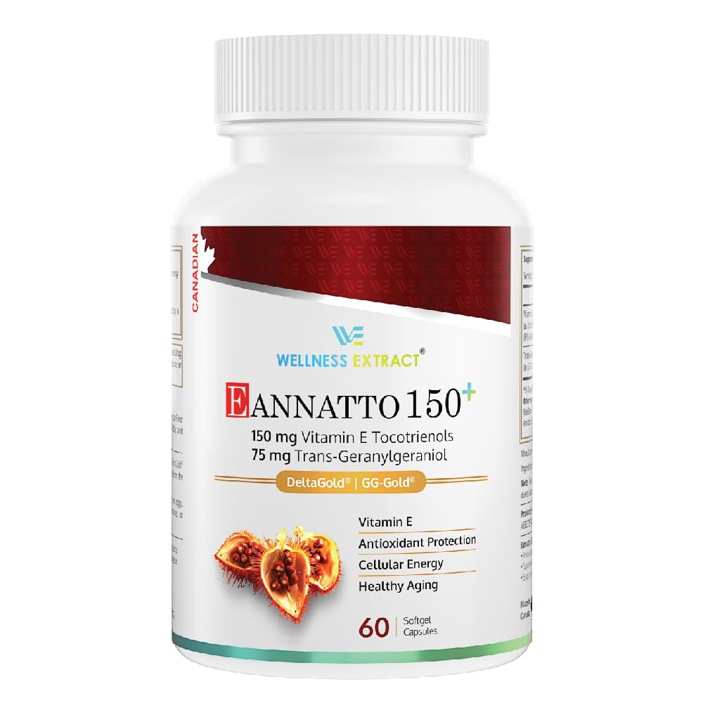 Wellness Extract Eannatto 150mg Vitamin E Tocotrienols Supplement with GG - Most Potent Antioxidant for CoQ10 Support, Heart Health, Healthy Aging - 60 softgels