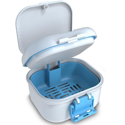BVN 3-Layer Denture Case Leak-Proof, 3-in-1 Soaking, Drying & Storage Box with Strainer Basket, 250ml Heavy-Duty Retainer Cleaning Cup for Aligners, Mouth Guards, Metal Hinge