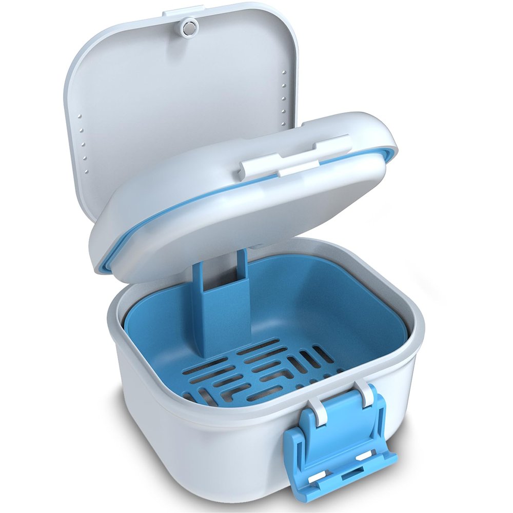 BVN 3-Layer Denture Case Leak-Proof, 3-in-1 Soaking, Drying & Storage Box with Strainer Basket, 250ml Heavy-Duty Retainer Cleaning Cup for Aligners, Mouth Guards, Metal Hinge