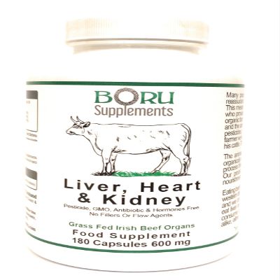 Boru Supplements Grass Fed Irish Beef Liver Heart Kidney Vitamins B12, Coenzyme Q10, Iron, Zinc, Selenium (180 Capsules) Organically Reared