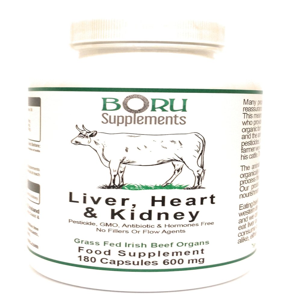 Boru Supplements Grass Fed Irish Beef Liver Heart Kidney Vitamins B12, Coenzyme Q10, Iron, Zinc, Selenium (180 Capsules) Organically Reared