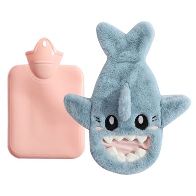 Hot Water Bottle with Fluffy Cover 500ml/1000ml Bed Hot Water Bottle Winter, Hot Water Bag for Cosy Nights, Pain Relief, Back, Neck and Shoulders, Great Gift for Women Children (Blue Shark, 1000ml)