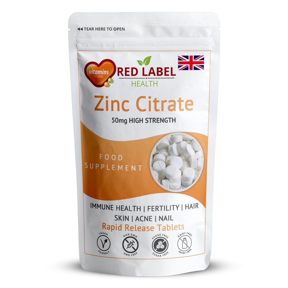 Red Label Health Zinc Citrate High Strength 50mg 100 Vegan Tablets 3+ Months Supply High Absorption for Men & Women Immune System Supplements, Fertility, Bones, Vision, Skin, and Nail