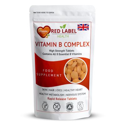 Red Label Health Vitamin B Complex High Strength, Pack of 100 Tablets (3+ Months Supply), All 8 Essential B Vitamins in 1 Tablet for Men & Women, B1, B2, B3, B5, B6, B12, Biotin & Folic Acid, UK