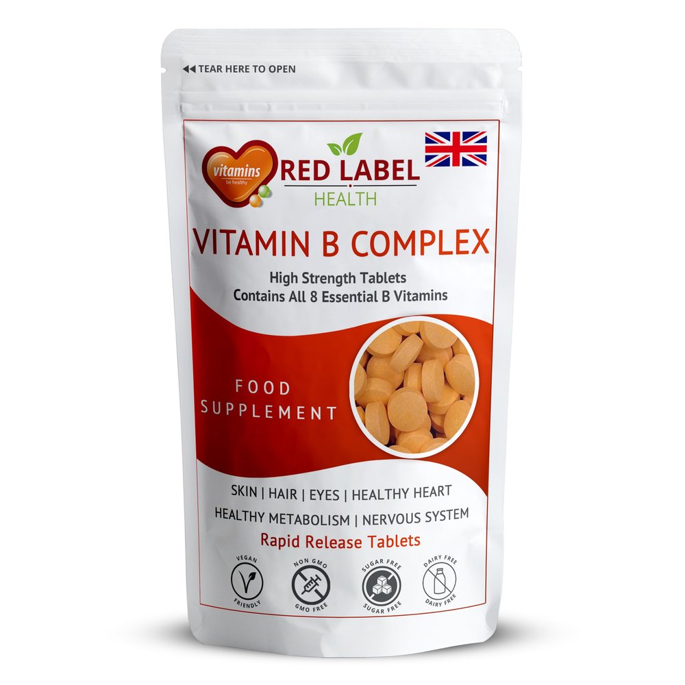 Red Label Health Vitamin B Complex High Strength, Pack of 100 Tablets (3+ Months Supply), All 8 Essential B Vitamins in 1 Tablet for Men & Women, B1, B2, B3, B5, B6, B12, Biotin & Folic Acid, UK