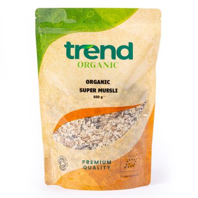 Trend Organic Super Muesli, 500g-No Added Sugar, Nutrient-Packed Blend with Chopped Dried Fruits, Nuts & Seeds, Perfect for a Wholesome Breakfast, Vegan, Certified Organic, GMO-Free, No Preservatives