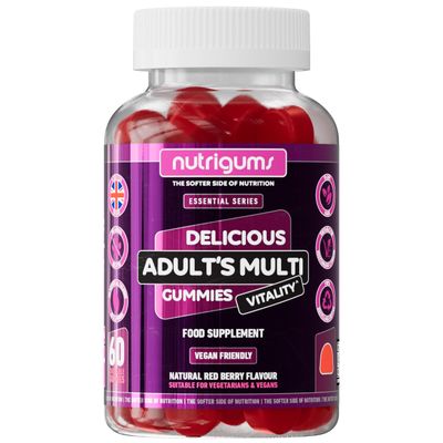 Adult Multi Vitality Gummy | 11 Essential Vitamins & Minerals A,D,E,C,B3,B6,B5,B12,Biotin, Zinc & Iodine | Mixed Berry Flavour | 60 Vegan Gummies | Support Wellbeing & Immune System by NUTRIGUMS