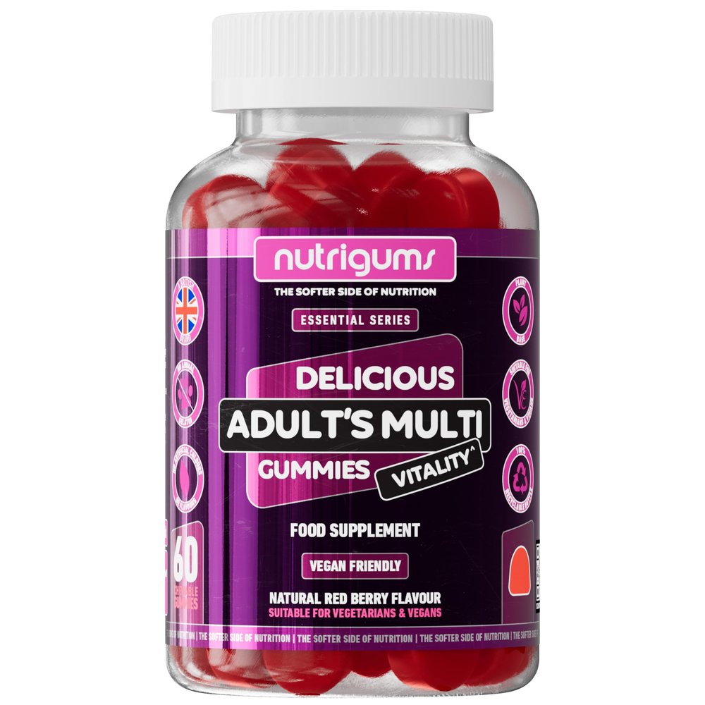 Adult Multi Vitality Gummy | 11 Essential Vitamins & Minerals A,D,E,C,B3,B6,B5,B12,Biotin, Zinc & Iodine | Mixed Berry Flavour | 60 Vegan Gummies | Support Wellbeing & Immune System by NUTRIGUMS