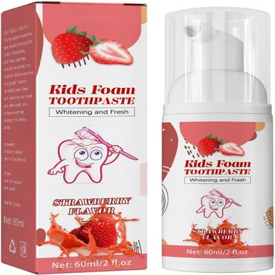 Kids Foam Toothpaste, Fluoride Free Natural Formula, Toddler Toothpaste for U Shaped Toothbrush, Foaming Toothpaste and Mouthwash for Children Dental Care (Strawberry)