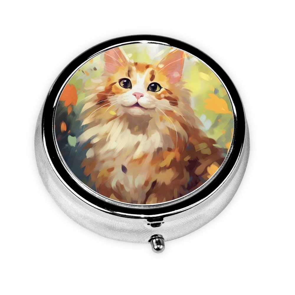 Personalized Pill Box, Custom Small Round Pill Case with 3 Compartment, Custom Pill Travel Organizer Holder 7 Day Weekly Medicine Pill Box Container for Purse,Abstract Art Cute Cat