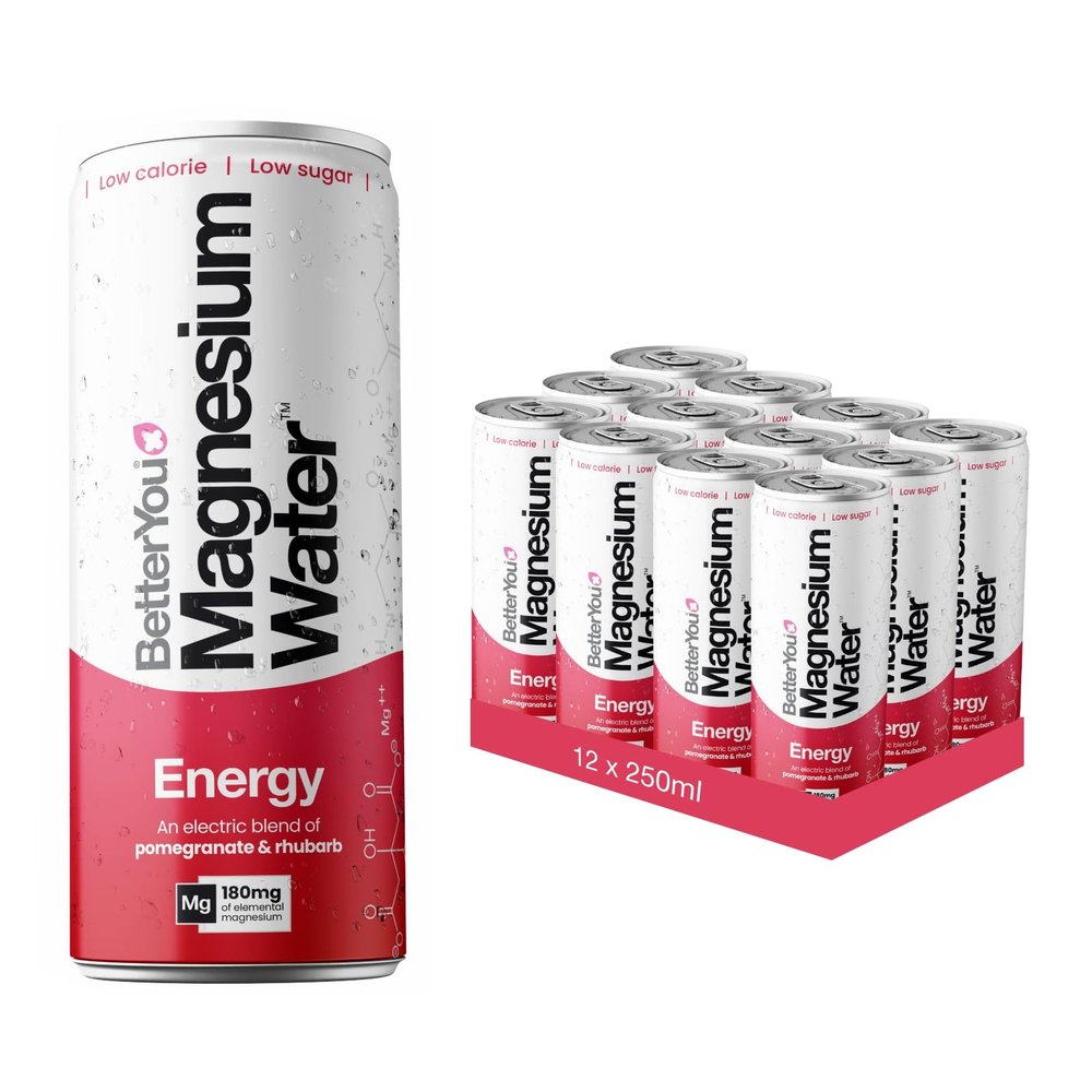 BetterYou Magnesium Mineral Water, Energy, Natural Sustained Energy Boost, Magnesium Glycinate, Vital B Vitamins & Nitrates, Infused with Pomegranate & Rhubarb, Pack of 12, 250 ml