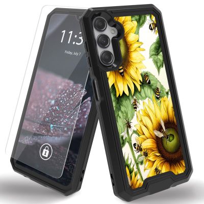 Qindaiwen for Samsung Galaxy A54 5G Case with 1 Pack Screen Protectors, Dual Layer Protective Hard PC Back & Soft Bumper Resilient Shock Absorb Case Cover for Galaxy A54 5G, Sunflower Bee