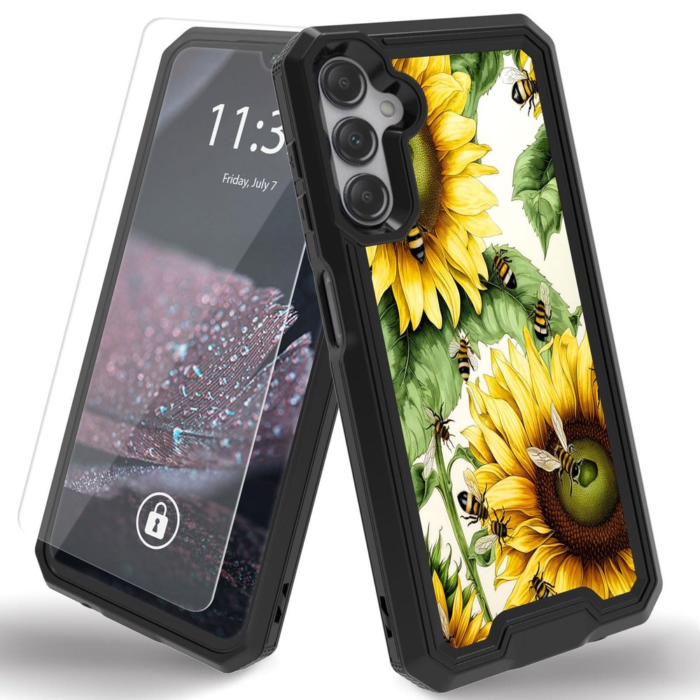 Qindaiwen for Samsung Galaxy A54 5G Case with 1 Pack Screen Protectors, Dual Layer Protective Hard PC Back & Soft Bumper Resilient Shock Absorb Case Cover for Galaxy A54 5G, Sunflower Bee
