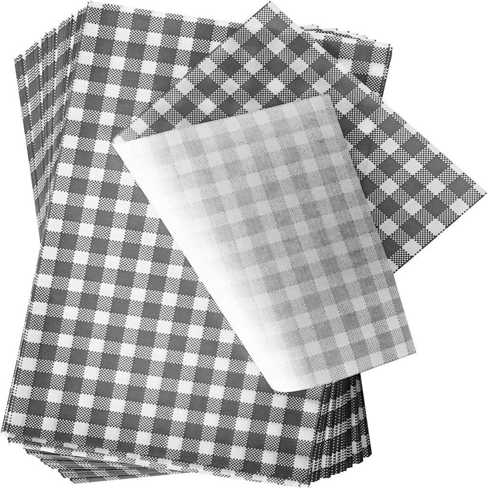 L LIKED 100 PCS Greaseproof Paper Sheets for Food, 12x7.5 Inchs Food Grade Wrap Paper, Black Checkered Basket Liners Waterproof Wax Paper for Deli/BBQ Sandwich Hamburgers Cake Cheese Cookies Buffet