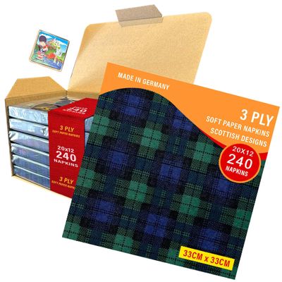 3ply Paper Soft Napkins Pack of 240 Nos - 33x33cm - Black Watch Tartan - Scottish Design Tartan Tissue Paper - Christmas, Dinner, Party, Party Night, Burns Supper,Scottish Wedding, Catering
