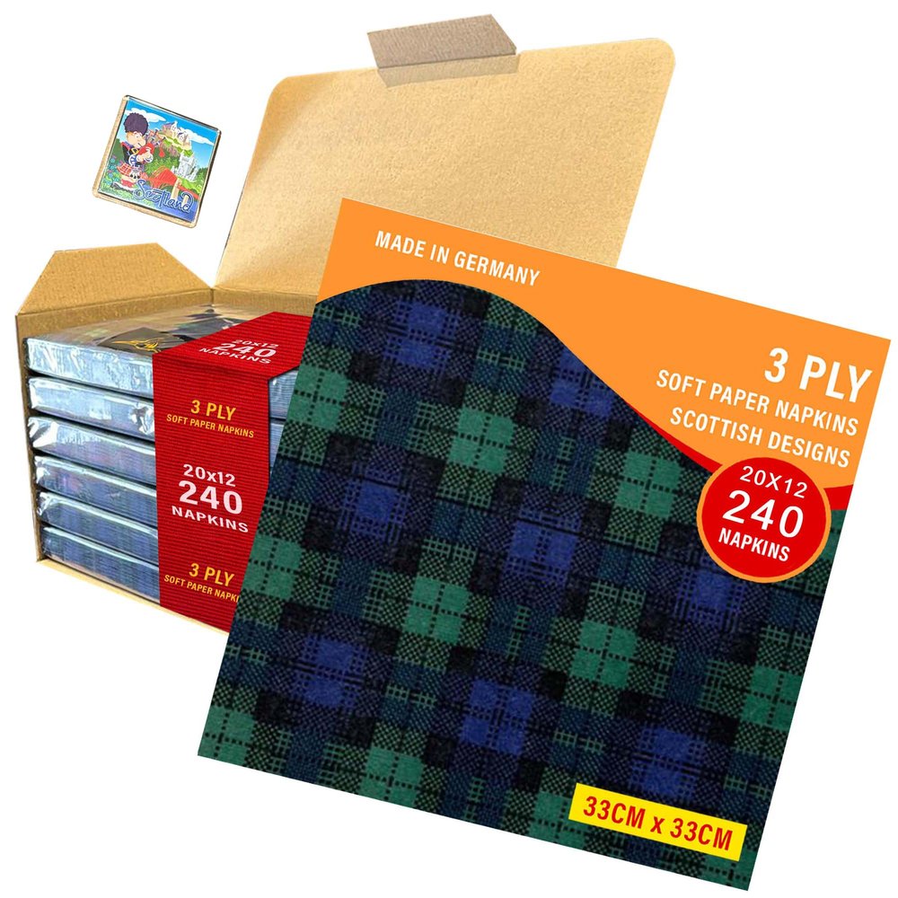 3ply Paper Soft Napkins Pack of 240 Nos - 33x33cm - Black Watch Tartan - Scottish Design Tartan Tissue Paper - Christmas, Dinner, Party, Party Night, Burns Supper,Scottish Wedding, Catering