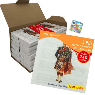3ply Paper Soft Napkins Pack of 240 Nos - 33x33cm - Musical Piper Tartan - Scottish Design Napkins - Christmas, Dinner, Party, Party Night, Burns Supper,Scottish Wedding, Catering