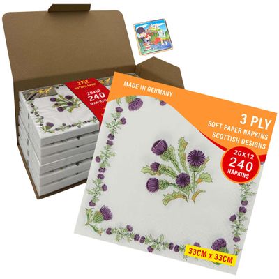 3ply Paper Soft Napkins Pack of 240 Nos - 33x33cm - Scottish Thistle Tartan - Scottish Design Napkins - Christmas, Dinner, Party, Party Night, Burns Supper,Scottish Wedding, Catering